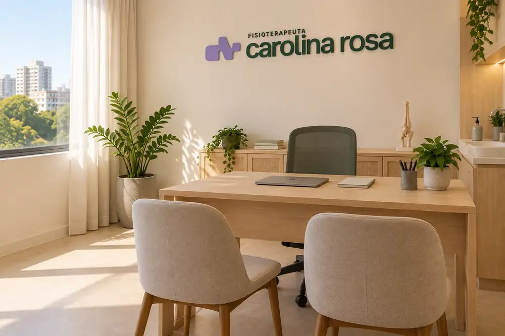 Ilustração do consultório: mesa de atendimento com luz natural e plantas